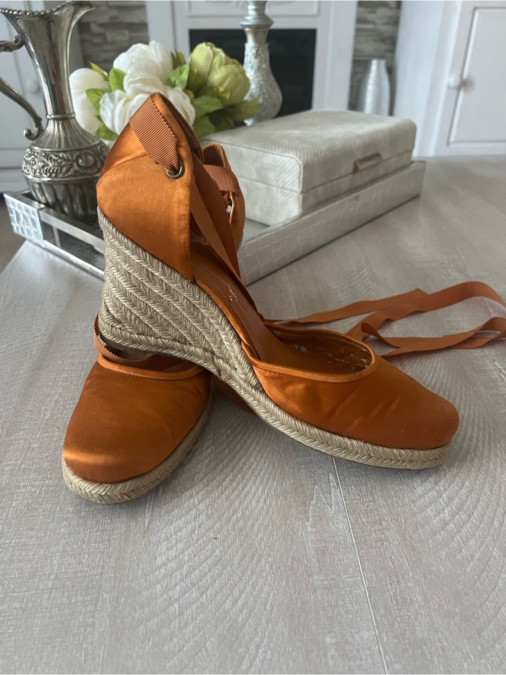 Nine West Orange Satin Espadrille Wedge Sandals with Ankle Wrap